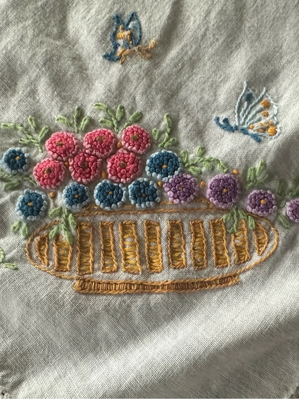 Vintage Hand Embroidered Bread Basket Liner Floral Butterfly Crochet Edge